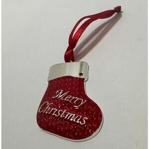 Vintage Harvey Lewis Red Enamel Merry Christmas Stocking Ornament